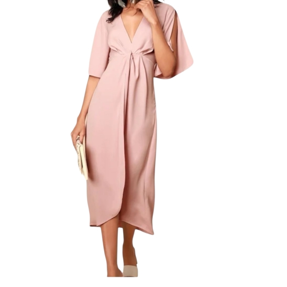 LULU'S My Type Blush Pink Midi Dress Plunging V-neck Split Sleeves Hi-low Hem XS